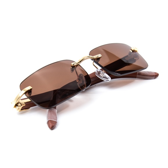 Mens Brown Tint Rimless Gold Frame Wood Sunglasses - Picture 4 of 5